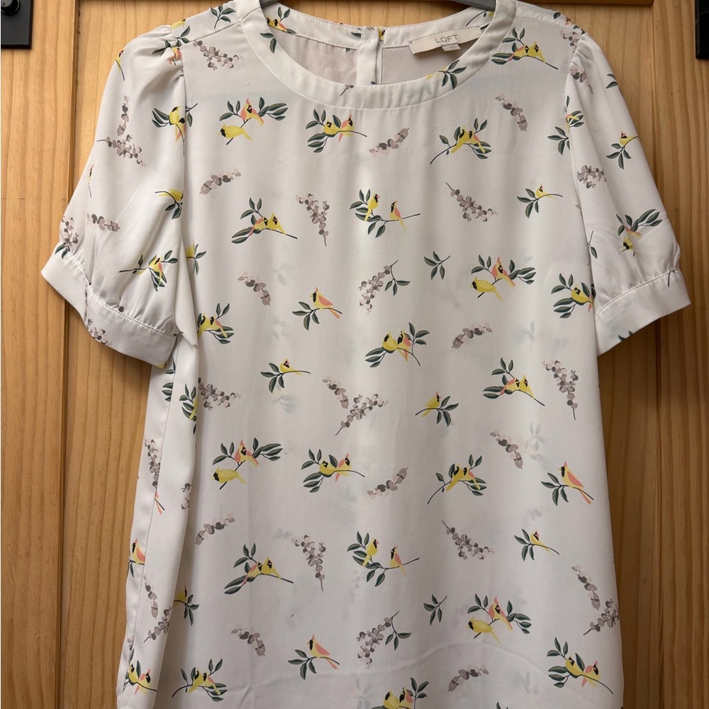 LOFT White Floral & Yellow Bird Print Short Sleeve Blouse